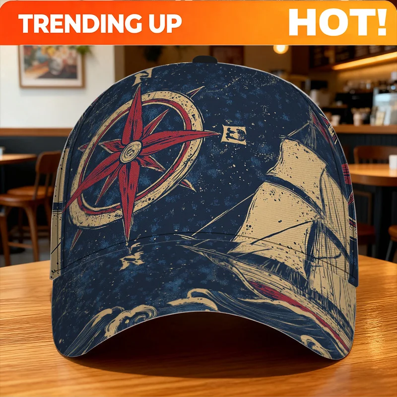 Customization 1pc Nautical Compass And Ship Print Classic Baseball Cap - Lightweight Polyester Duckbill Hat, Adjustable Design,