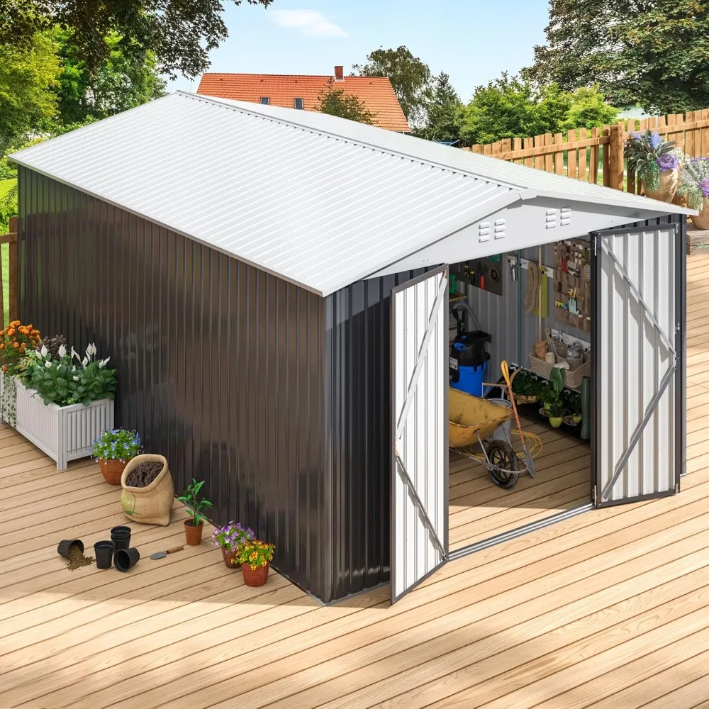 

10x12 FT Outdoor Storage Shed, Metal Garden Shed with Updated Frame Structure, Tool Sheds for Backyard Garden Patio Lawn White