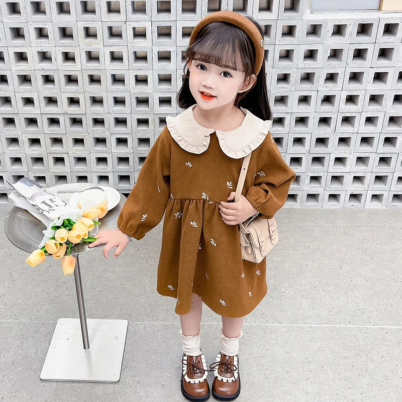 New Spring And Autumn Girls\' Dresses Long Sleeve Puffed Sleeve Square Collar Flower Embroidery Sweet Full Of Printed Edge Pleats