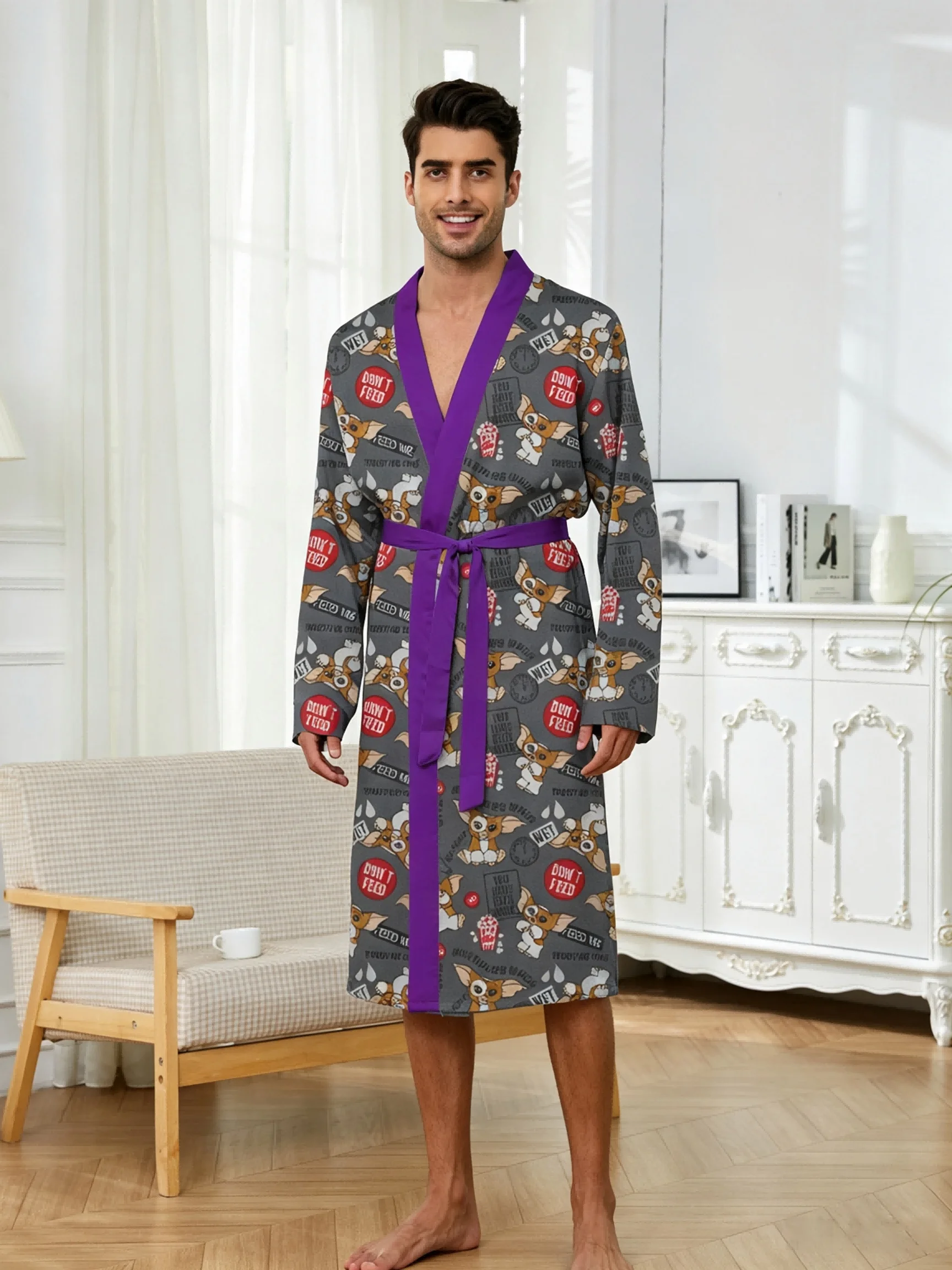Men's lightweight quick-drying pajama bathrobe - 3D digital printing, non-fading design, stand-up collar and adjustable waistban