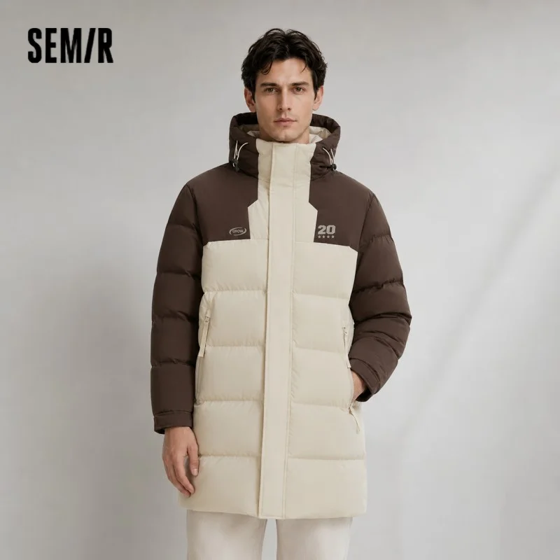 Jaqueta Masculina Semir de Pluma, Comprimento Médio, Com Capuz, Esportiva, Colorblock, Coleção Inverno 2026, Roupa Masculina Quente, Corta-Vento, Design Colorblock Aconchegante