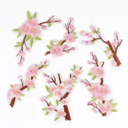 Pink Flowers with Branch Embroidered Appliques for Clothing Peach Blossom Exquisite Iron on Patches Woman Shirt Pant DIY Decor
