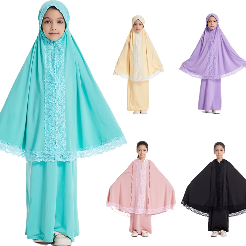 

Eid Hooded Abaya Lace Kids Girls Hijab Long Khimar Burqa Maxi Skirt Sets 2 Piece Kaftan Turkey Prayer Garment Ramadan Dress Arab