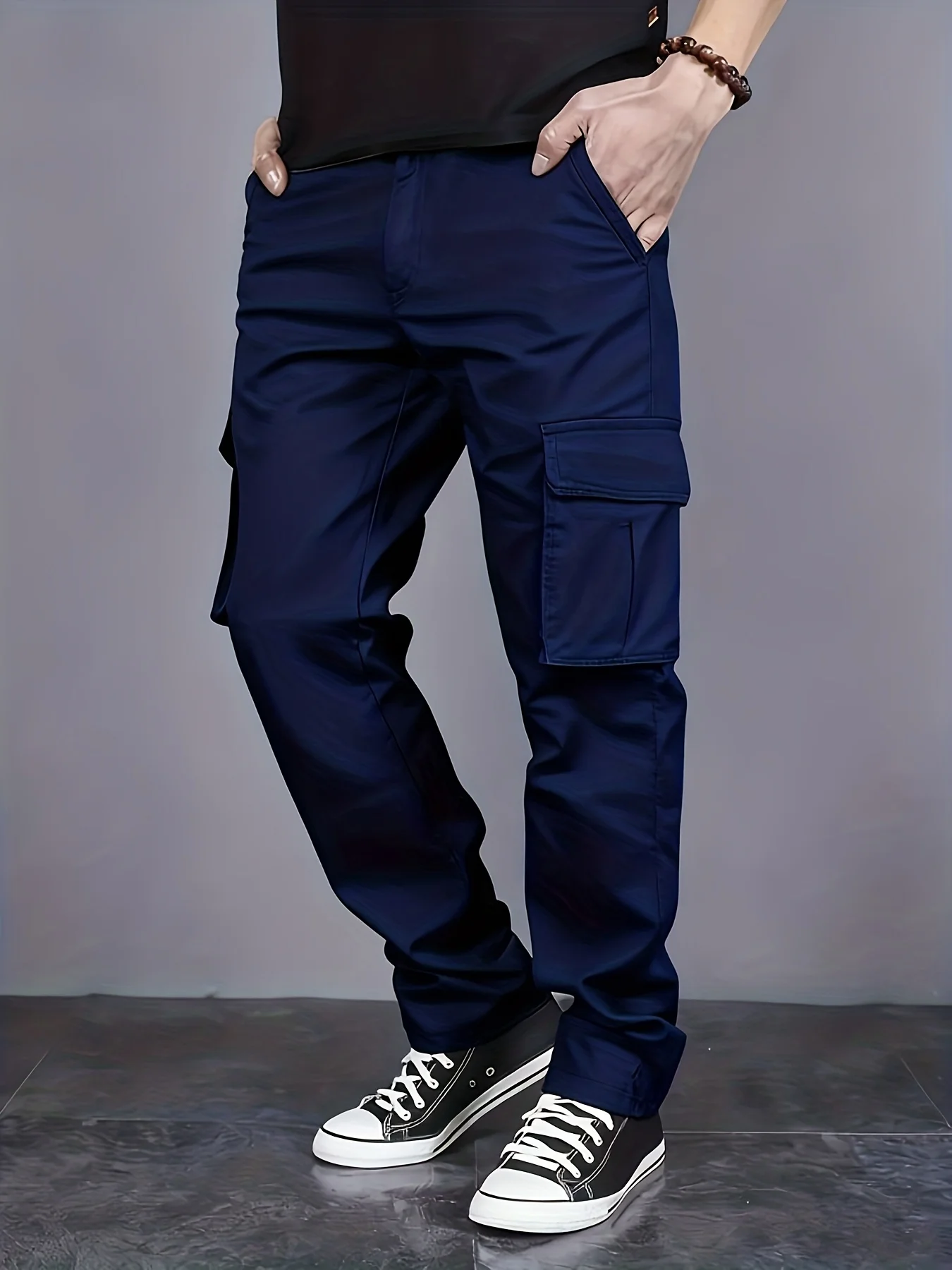 

European men's casual workwear sports pants with drawstring at waist, jogging and hiking, loose waistband and pocket