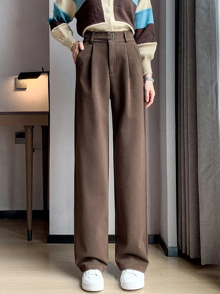 

Fashionable Women's Winter Thick Slim Fit Solid Color Wide Leg Pants Unique Button Straight Tube Loose Casual Loog Pants