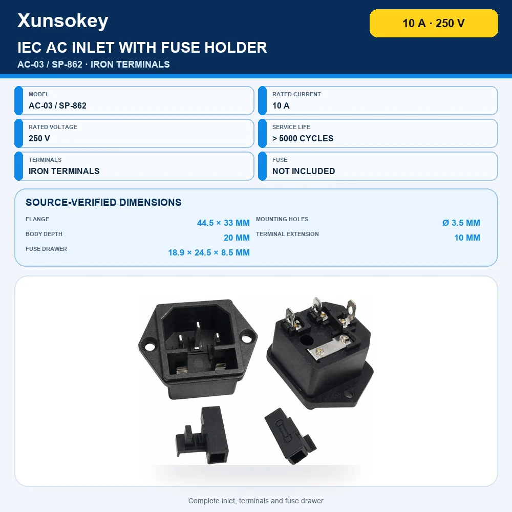 AC-03 3 PIN IEC320 C14 Male Power Cord Inlet AC Power Socket Receptacle Connector With Fuse Holder interface 250V 10A