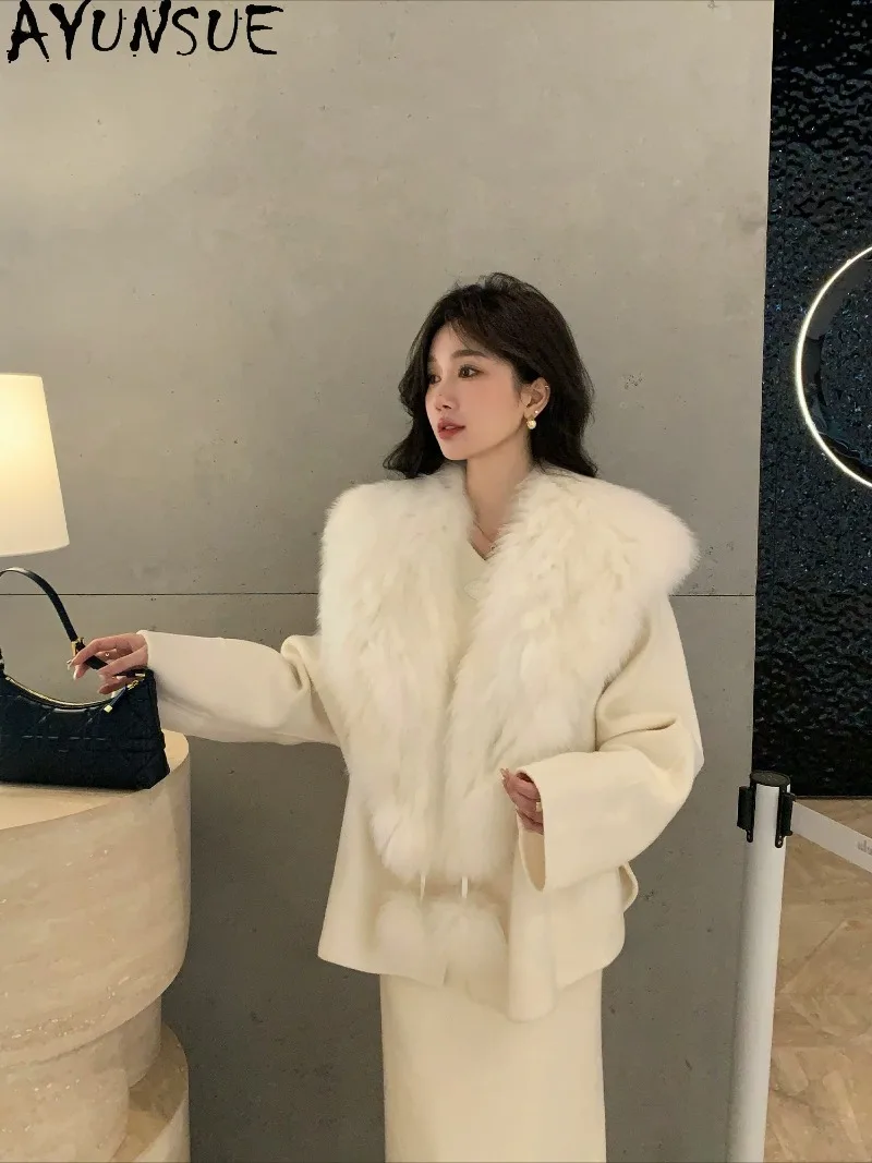 AYUNSUE Women Double Faced Wool Coat Knitted Fox Fur Wool Outerwear Mid-Length Female Winter Clothes Loose Fit Fashion New 2026