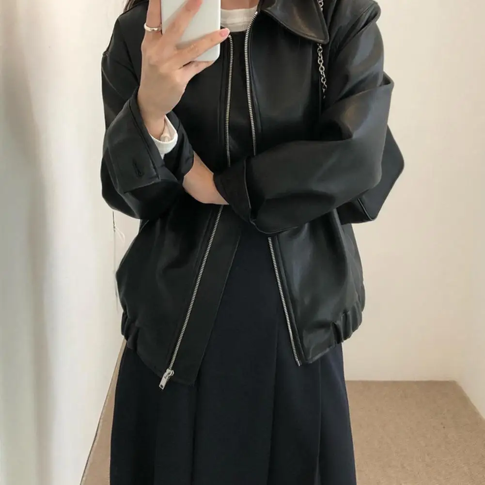 Autumn Winter Faux Leather Jacket Women Smooth Surface Zipper Stretchy Hem Long Sleeves Motorcycle Jacket Coat Travel Outerwear