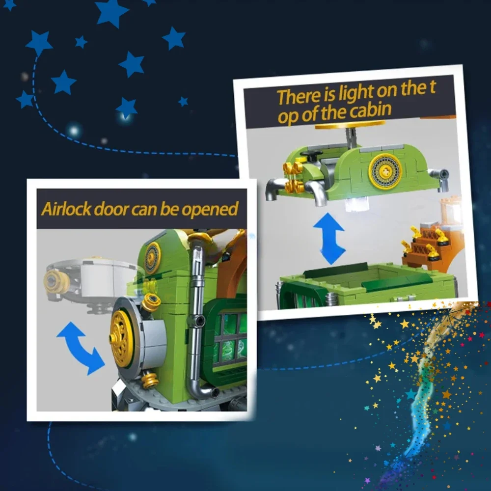 สตีมพังค์มูนเบสบล็อกอาคารชุดการบินและอวกาศโมดูลาร์สถาปัตยกรรม MOC เด็กประกอบของเล่นสำหรับเทศกาลคริสต์มาสโอกาส