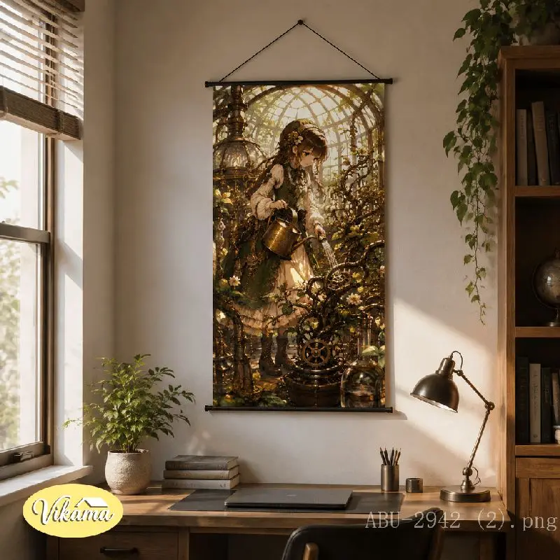 VIKAMA Steampunk Lolita Tapestry Lace Dress Mechanical Bird Golden Rose Vine Anime Art Polyester Wall Hanging Bedroom Dorm Decor
