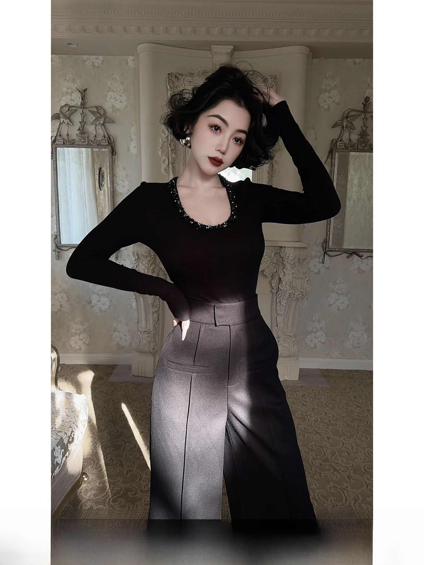 

Теплый круглый топ с вышивкой бисером для женщин, модный зимний повседневный лонгслив с высокой талией из смесового полиэстера