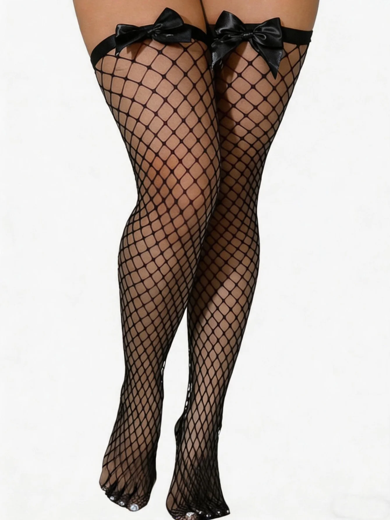Black Big Satin Bow Top Fishnet Thigh High Stockings, Wide Elastic Band Hollow Mesh Over Knee Hosiery for Club Party Lingerie Ni