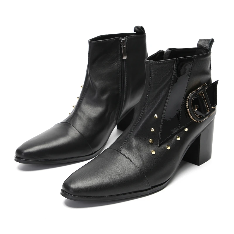 Mens High Heels Ankle Boots Black Real Cow Leather Rivet Big Buckle Cowboy Man Boots Zipper Dress Party Stage Male Shoes Size 47
