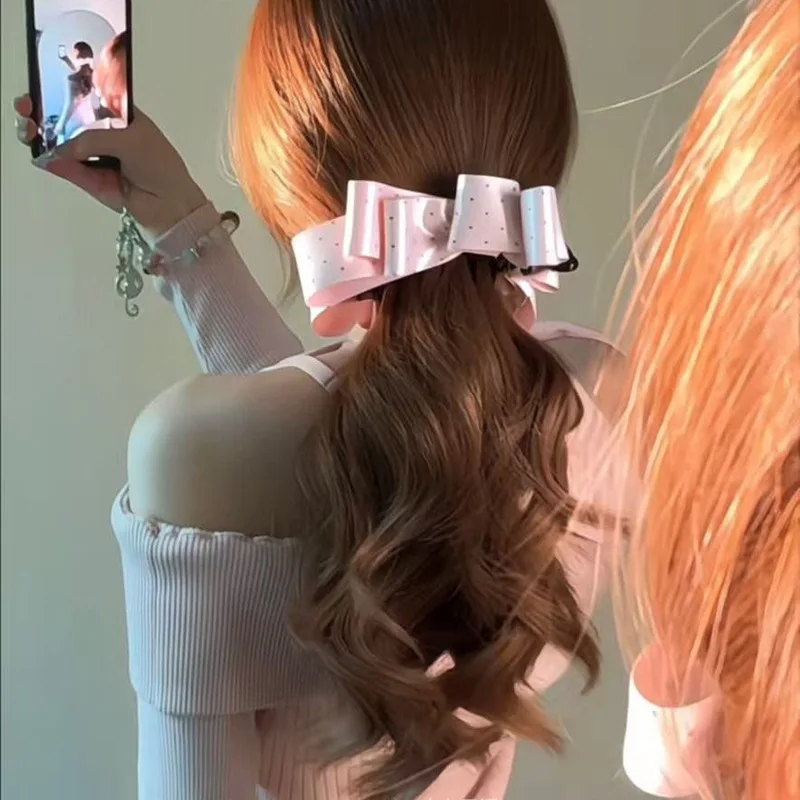 1pc Premium Satin Polka Dot Hair Banana Clip Korean Style Back of Head Hair Claw for Women Ponytail Holder Daily Wear