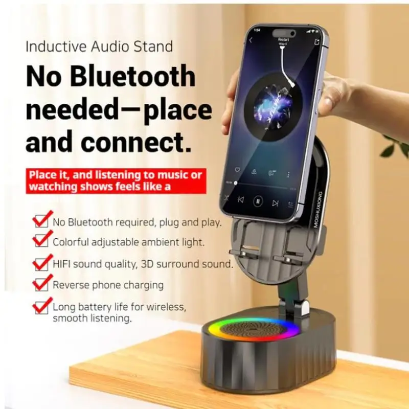 Caixa de Som Bluetooth com Suporte para Telefone 6 em 1, Suporte para Telefone 360 °   Base de Suporte com Power Bank de 3000mAh