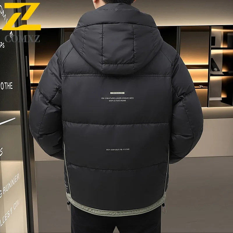 COMXZ Men Down Jacket 2025 Trendy Hooded Collar Commute Office Lightweight Puffer Coat Trendy Leisure Business Warm Winter Coat