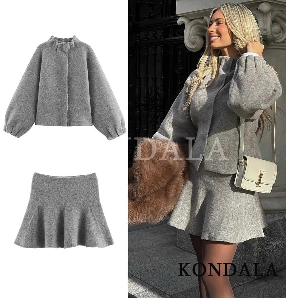 KONDALA Trendiges elegantes Strickrock-Set für Damen, Frühling, Herbst, High Street, Knöpfe, Jacke, Falten-Minirock, 2026, modisches schickes Set