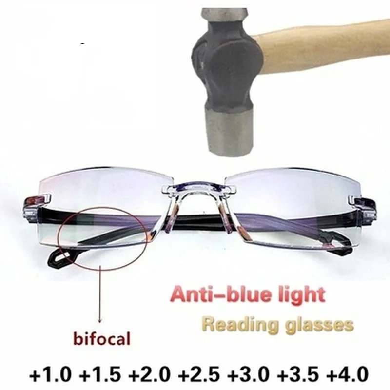 

Men Women Rimless Reading Glasses Anti Blue Light Bifocal Far Near Magnification Eyewear Presbyopic Glasses+150+200 Dropshipping