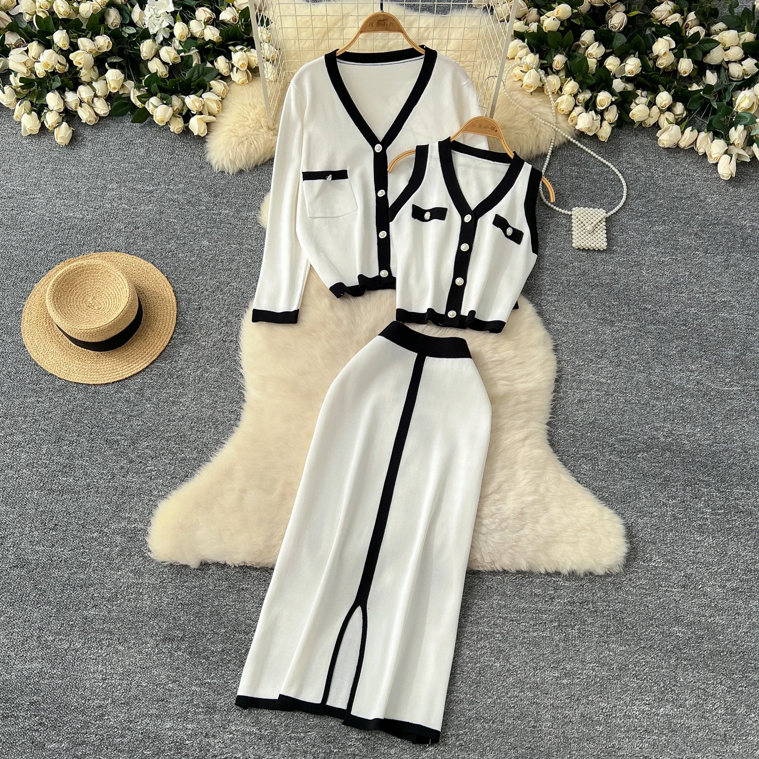 Chic Patchwork Women Three-Piece Sets Sleeveless Vest Single Breasted Top High Waist Skirt French High Street Autumn Clothing