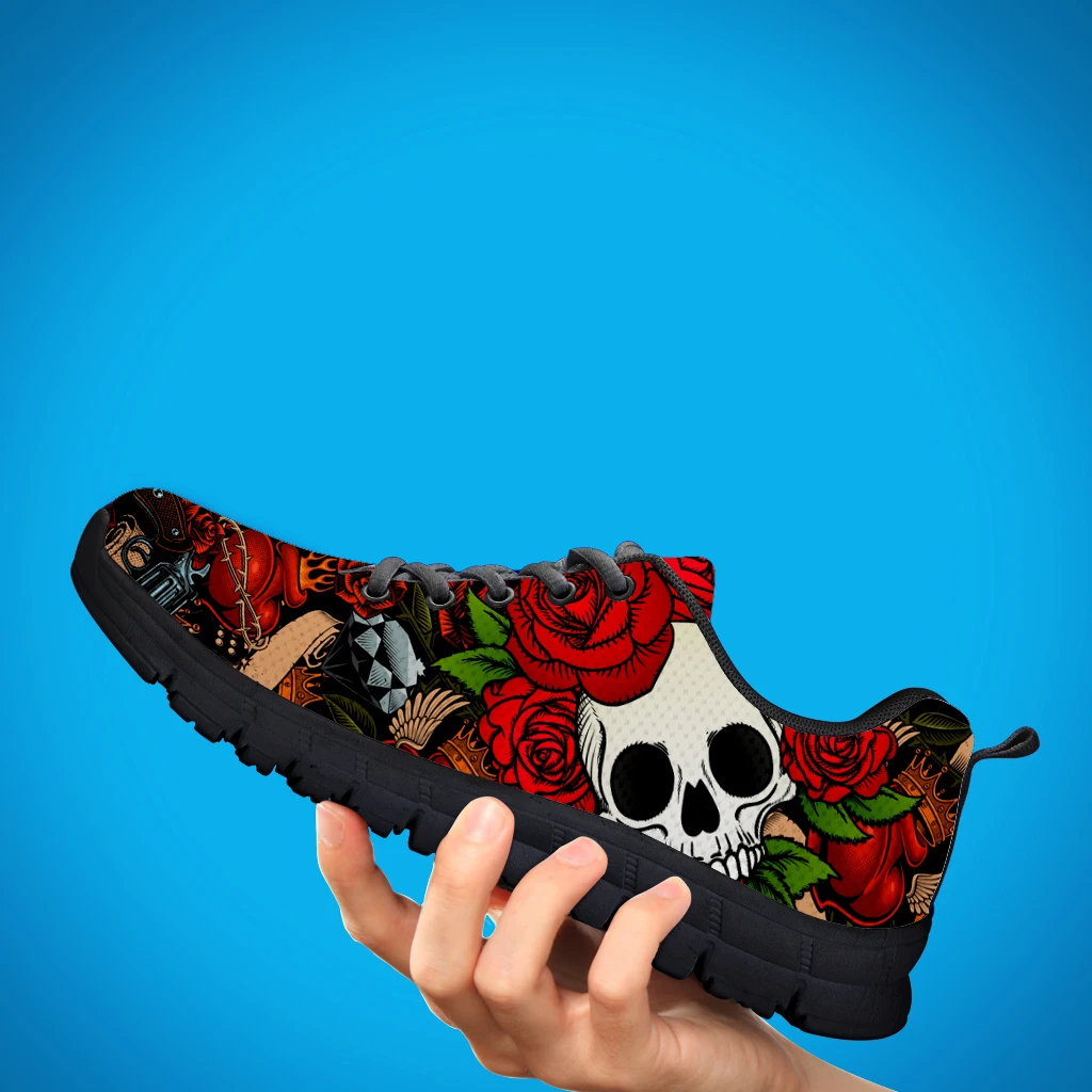 INSTANTARTS 3D Rose Skull Casual Sneakers For Women Sunflower Skull Walking Shoes Flower Print Breathable Tennis Shoes Zapatos