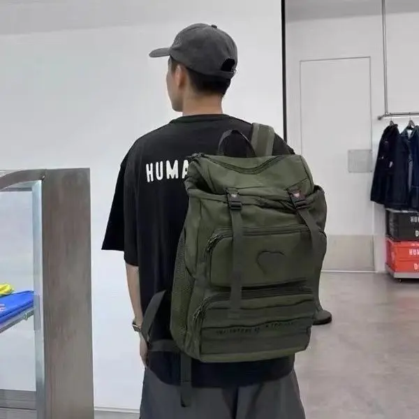 Human Made Style Heart Design Multi Pocket Utility Backpack Military Style Travel Casual Schoolbag Unisex