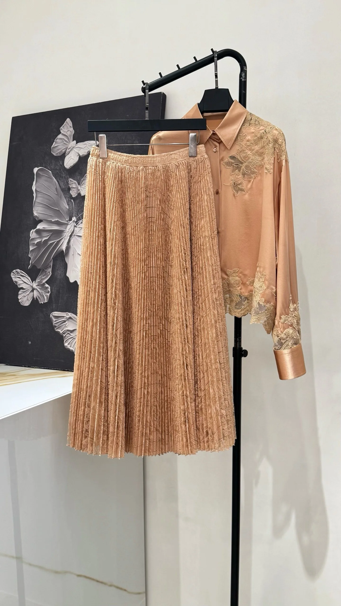 Champagne Silk Satin Embroidery Two Piece Set Women Designer Lace Shirt & Long Skirt High End Luxury Runway Party Wear