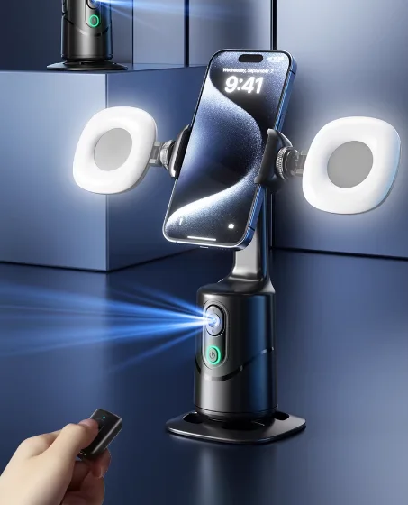Smart Facial Tracking Phone Stabilizer with Fill Light, Detachable Clip, Desktop Stand & Wireless Selfie Stick Tripod