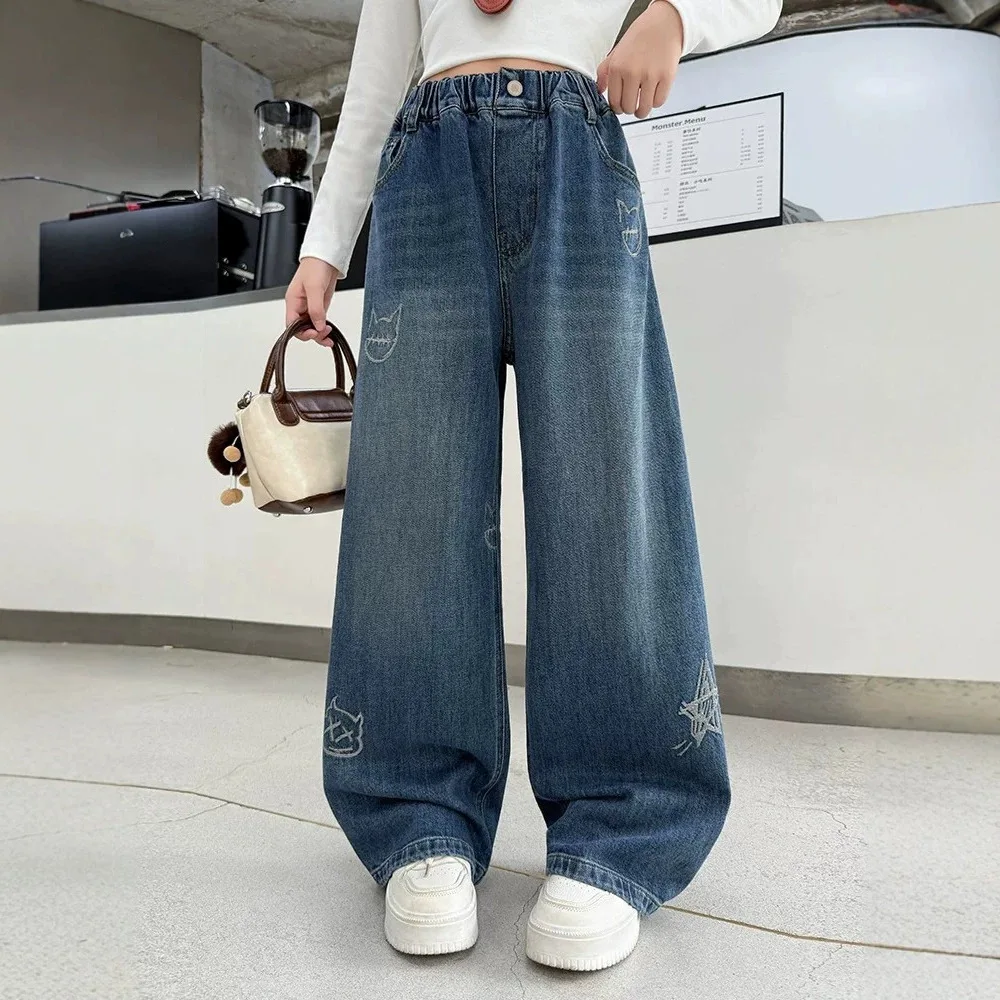 UNITIM Autumn Children Girls Jeans 4-14Yrs Girls Cat Printed Denim Pants Loose Elastic Waist Young Teenagers Girls Wide Leg Pant
