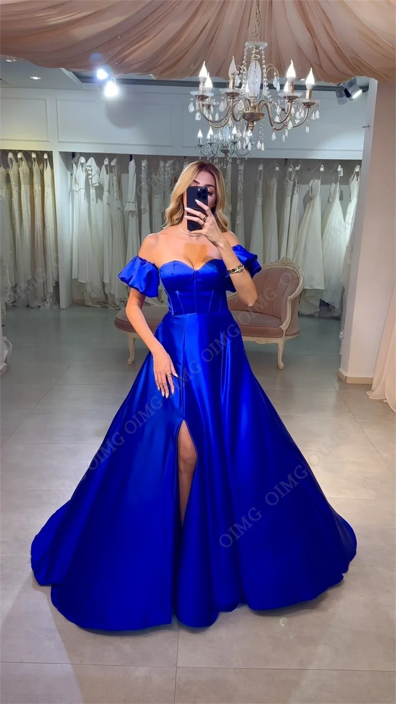 OIMG Royal Blue Evening Dress Short Sleeves Sweetheart Floor Length Side Slit Prom Gowns Arabia Dubai Vestido de festa 2024