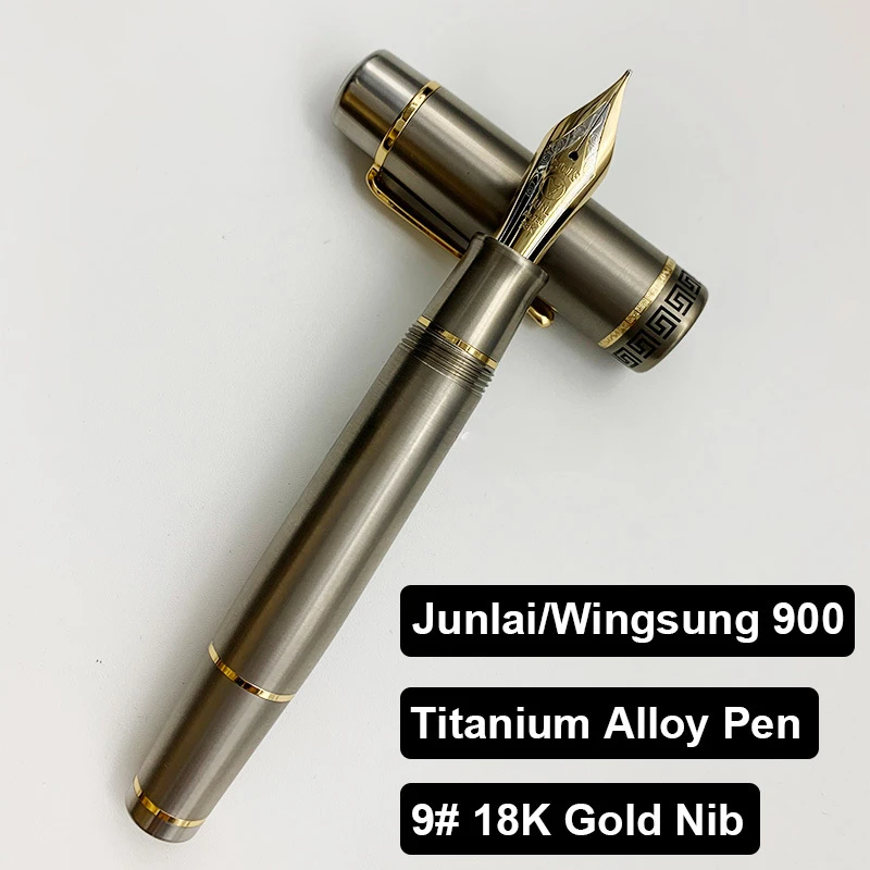 JUNLAI/WingSung 900 18K Gold Nib KOP Titanium Alloy Gold Clip Piston Fountain Pen Large Design No.9 Standard Heartbeat Gold Nib