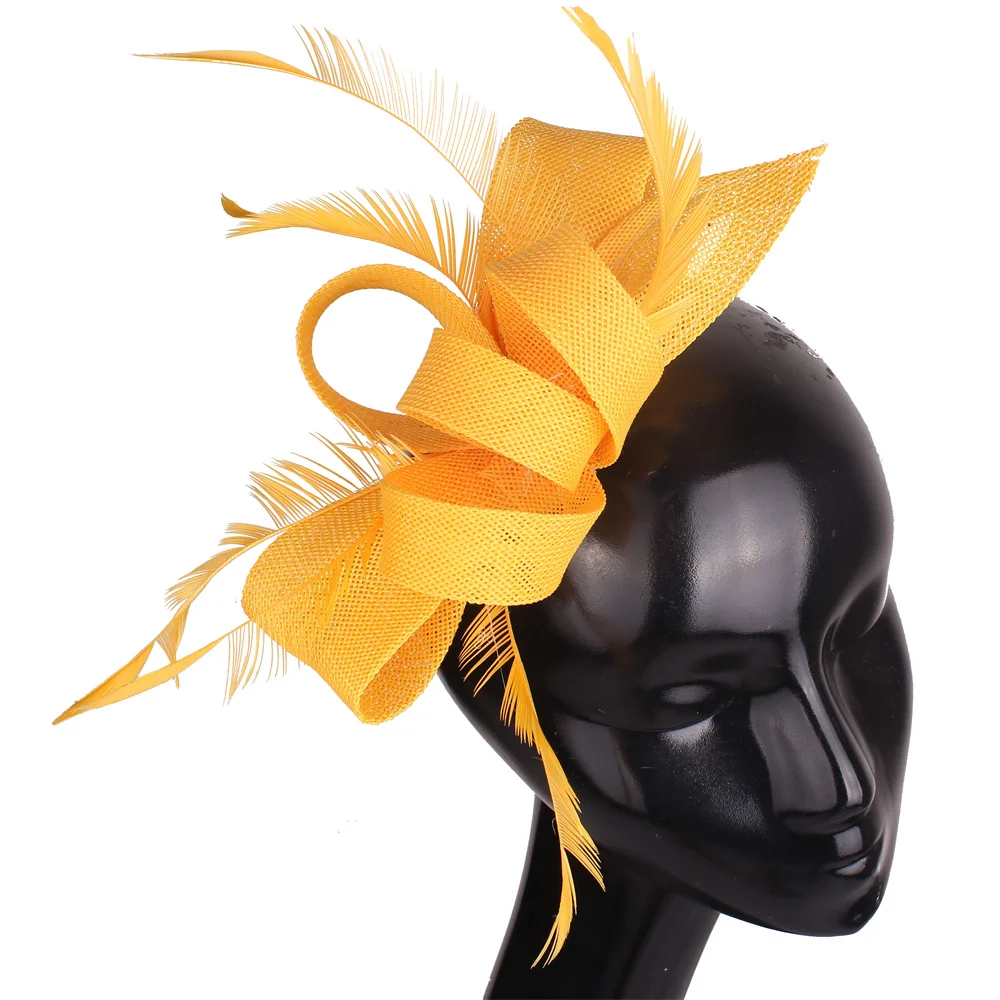 New Yellow Feathers Fascinator Small Gril Tea Party Hat Veil Headband Hair Clip for Cocktail Church Wedding Headwear for Women