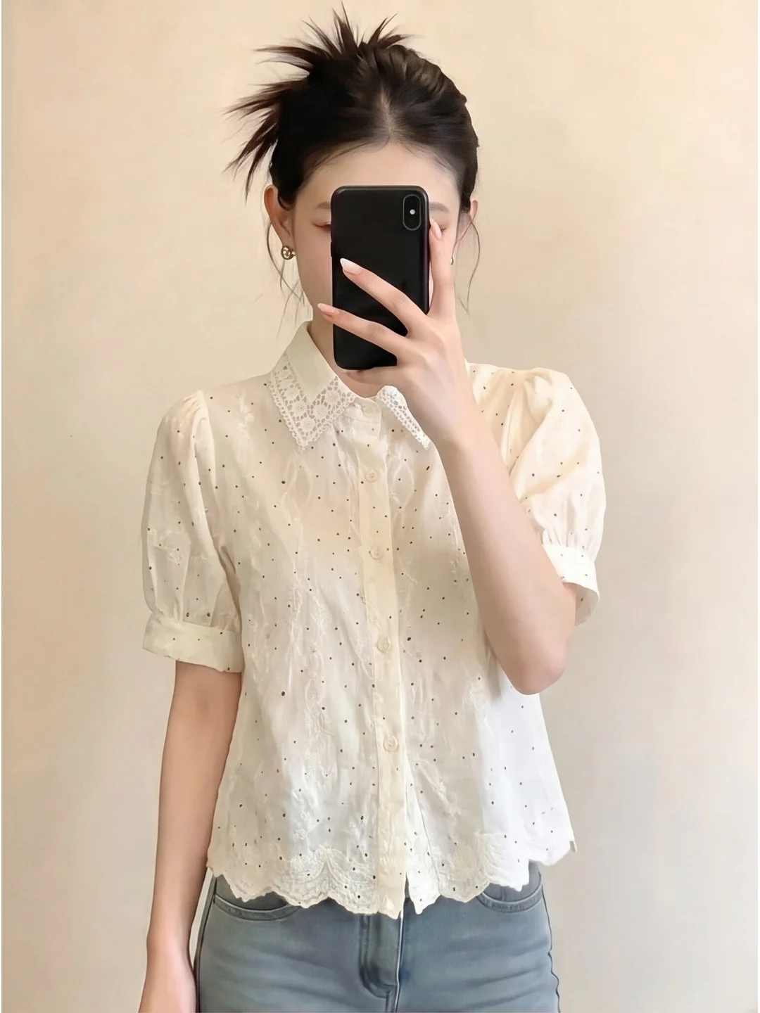 

Sweet Cute Style White Embroidered Bubble Sleeve Shirt Women's Summer Short Sleeve Slim Fit Shirt Versatile Casual Top