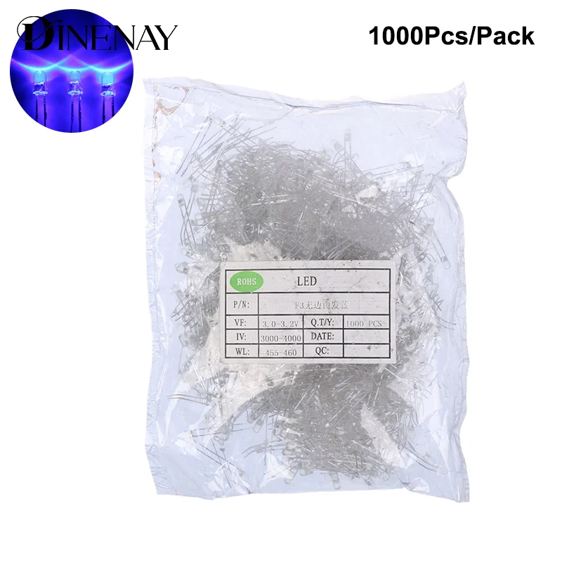 1000pcs 3mm LED Diode F3 Assorted Kit Ultra Light Bright Blue Light Emitting Diode DIY Light Emitting Diode