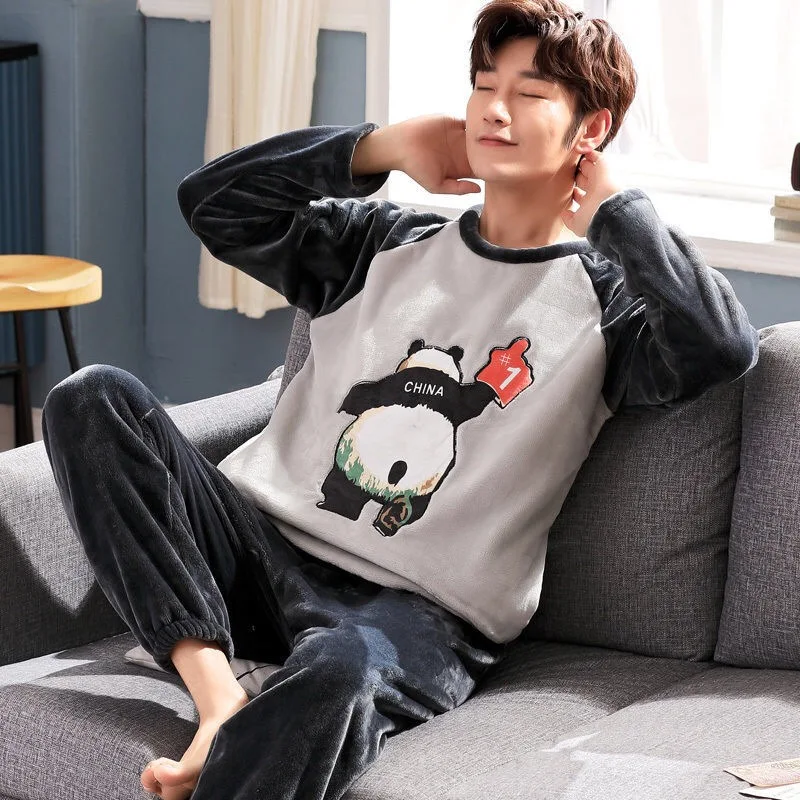 Autumn Winter New Coral Fleece Pajamas for Man Round Neck Long Sleeve Lounge Sets Man 2 Piece Fashion Printing Home Suit for Man