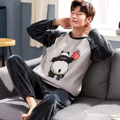 Outono inverno novo coral velo pijamas para homem em torno do pescoço manga longa conjuntos de salão homem 2 peça moda impressão casa terno para homem