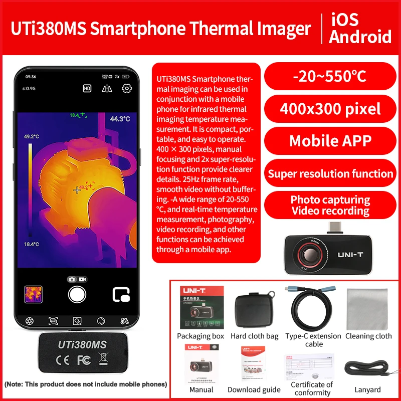 UNI-T warmtebeeldcamera voor telefoon UTI380M UTI380MS Infrarood thermische camera 400×300 pixel thermografische PCB-circuitdetectie