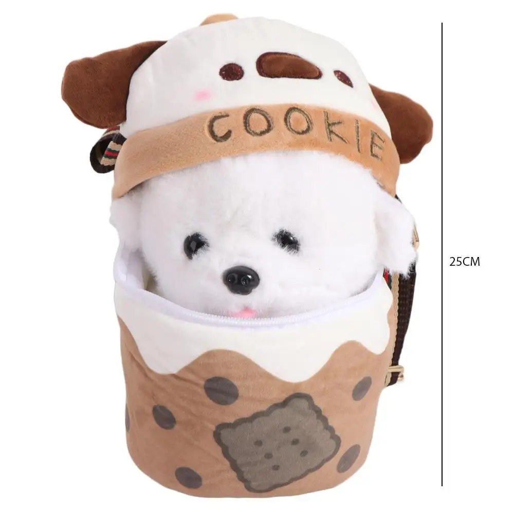 Taza de té de burbujas, bolsa de muñeco de peluche para perro, té de la leche, bebida, taza de té con cremallera, bolso cruzado para perro, bonito bolso de muñeca de cachorro de peluche de algodón