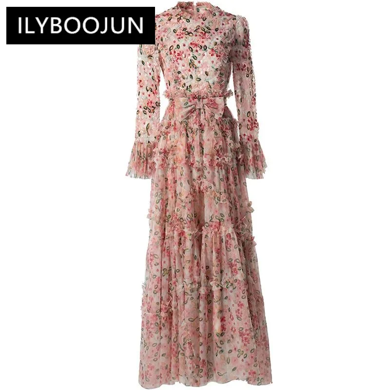 

ILYBOOJUN Spring Summer Women's Dress High Waiste Lace-UP Mesh Sequins Edible Tree Fungus Edge Flare Sleeved S-4XL Dresses