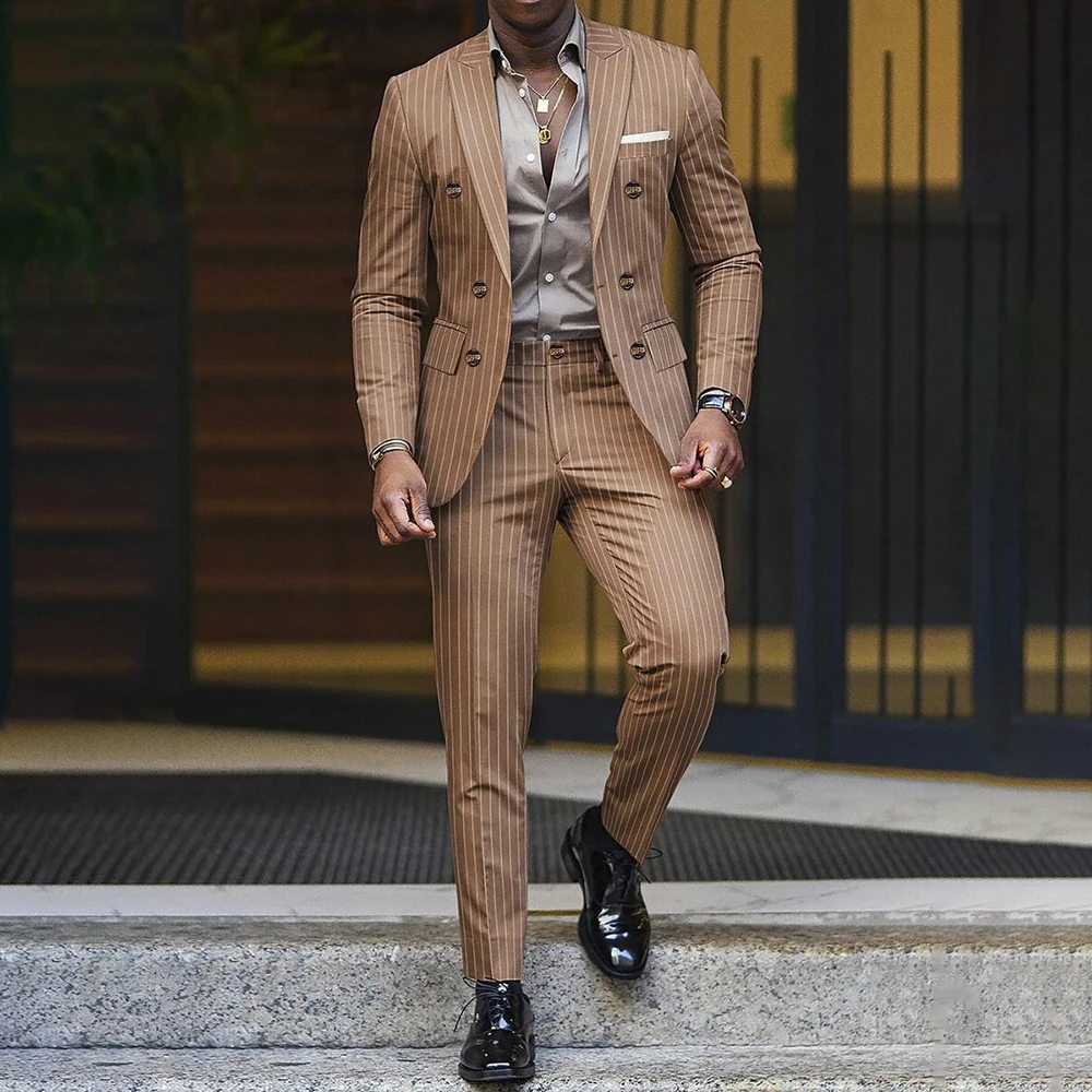 

Роскошные мужские костюмы в тонкую полоску, индивидуальный комплект из двух предметов, куртка, брюки, элегантный однобортный костюм с остроконечными лацканами, облегающий мужской костюм