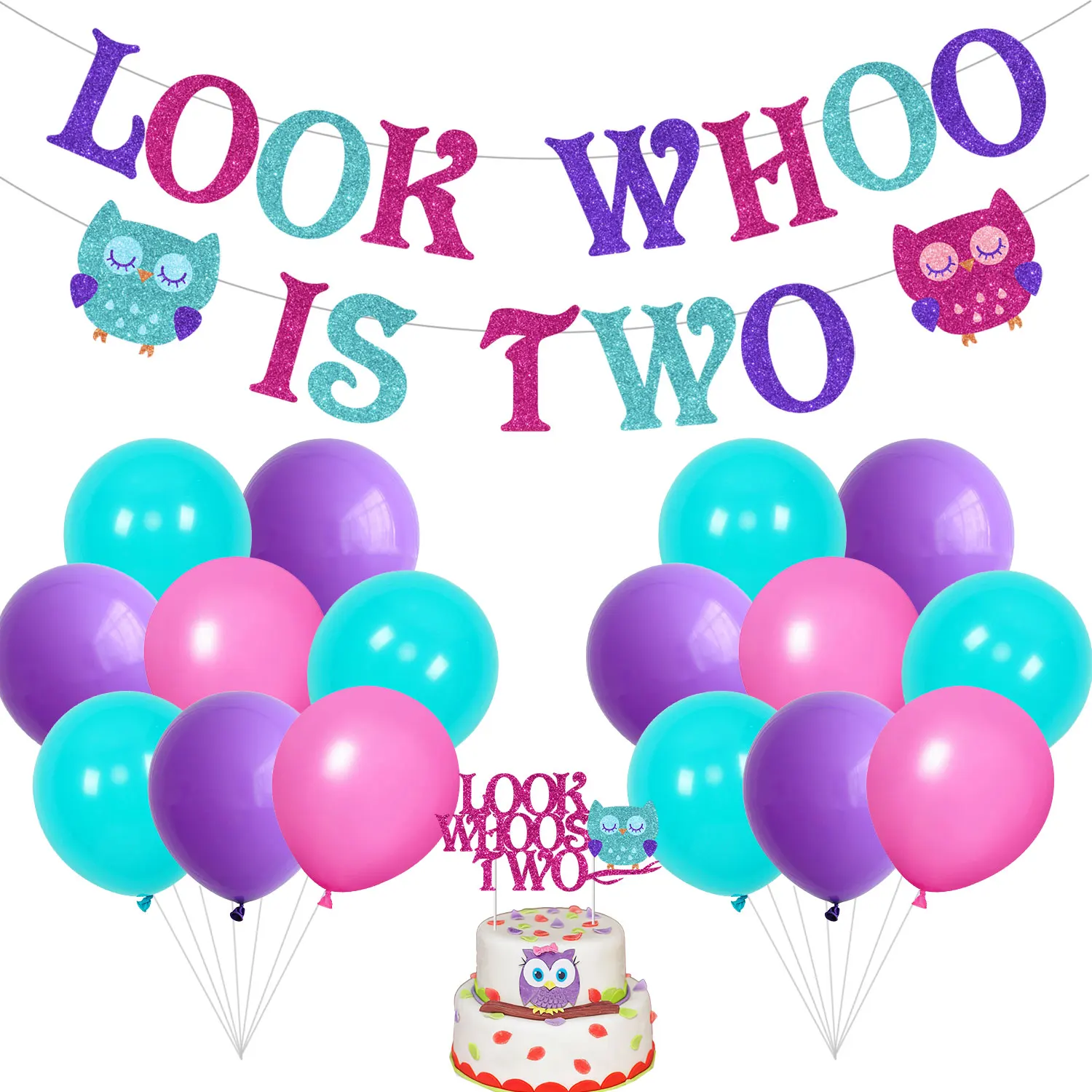 

Owl Themed 2nd Birthday Decorations with Look Whoo Is Two Owl Banner Cake Topper Purple Pink Balloon Set for Kids Birthday Party