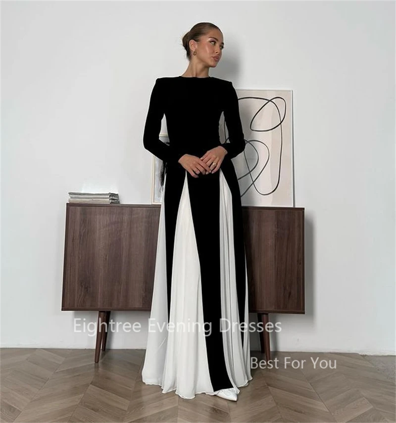 Eightree Modern Black/White Prom Party Dresses Long Sleeves Dress Dubai Evening Gowns Patchwork Saudi Arabia Beach Party Gowns