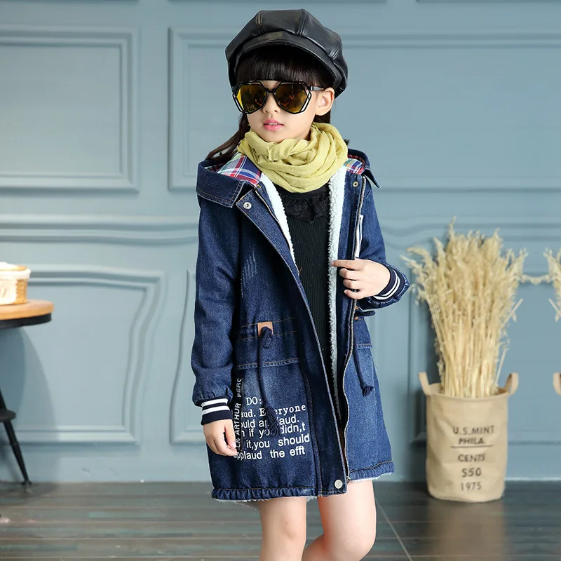 New Winter Girls Jacket Children Denim Jackets Long Warm Clothing Kids Plus Thick Velvet Jacket Cotton Hooded Outwear for Girl