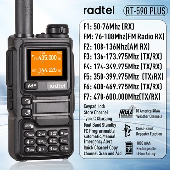Radtel-アマチュアアマチュア無線局,双方向ウォーキートーキー,noaaチャネル付きフルバンド,am satcom,RT-590 plus,uhf,vhf,200ch