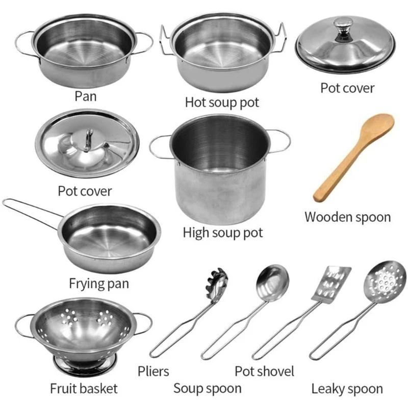 الفتيات التظاهر يلعب أدوات الفولاذ المقاوم للصدأ طفل المطبخ تجهيزات المطابخ المئزر الأواني المقالي الغذاء مجموعات الالعاب الطبخ #4