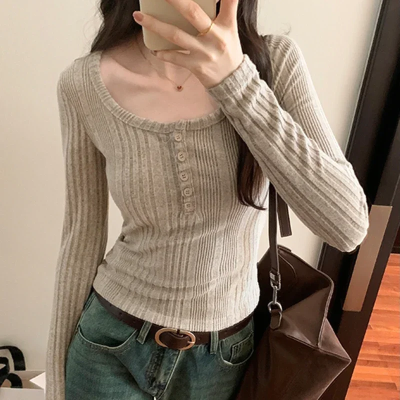 Femme Coreano Moda Magliette e camicette Autunno Sottile T Shirt Per Le Donne Casual O Collo Solido Magliette Mujer Donna Vestiti Manica Lunga Tee Shirt