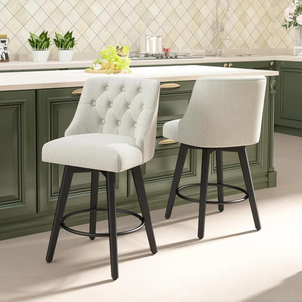 

Modern Swivel Bar Stools Set of 2 with Back Upholstered in Linen Fabric and Wood Legs for Kitchen Island Home Pub Counter