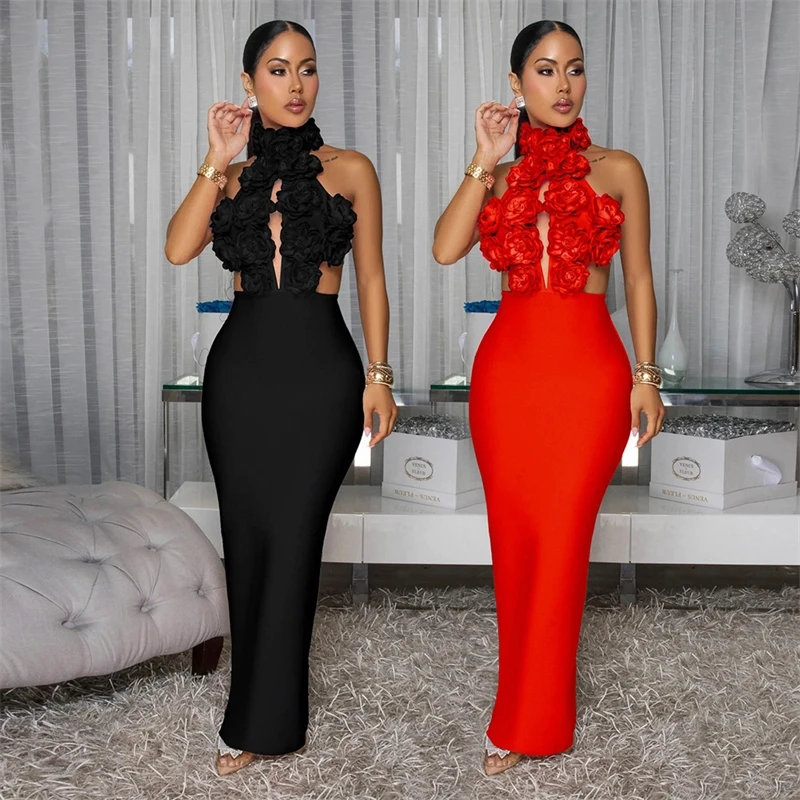 Zomer Vrouwen Mouwloze Elegante V-hals Uitsparing 3D Bloem Lange Maxi Jurk 2023 Zomer Sexy Avond Jurken Vestidos