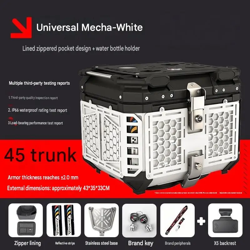 For VOGE SR150R 45L Mecha‑Style Aluminum Top Case 2.0mm Armor Shell With X5 Backrest Scooter Touring Mod Accessories