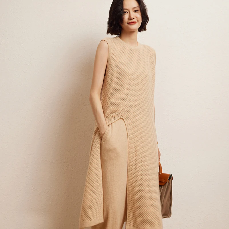 Autumn Women 100% Cashmere Dress Long Knit Jumper New Fashion Hollow Out O-Neck Sleeveless Dresses Female Mid-calf Pullovers