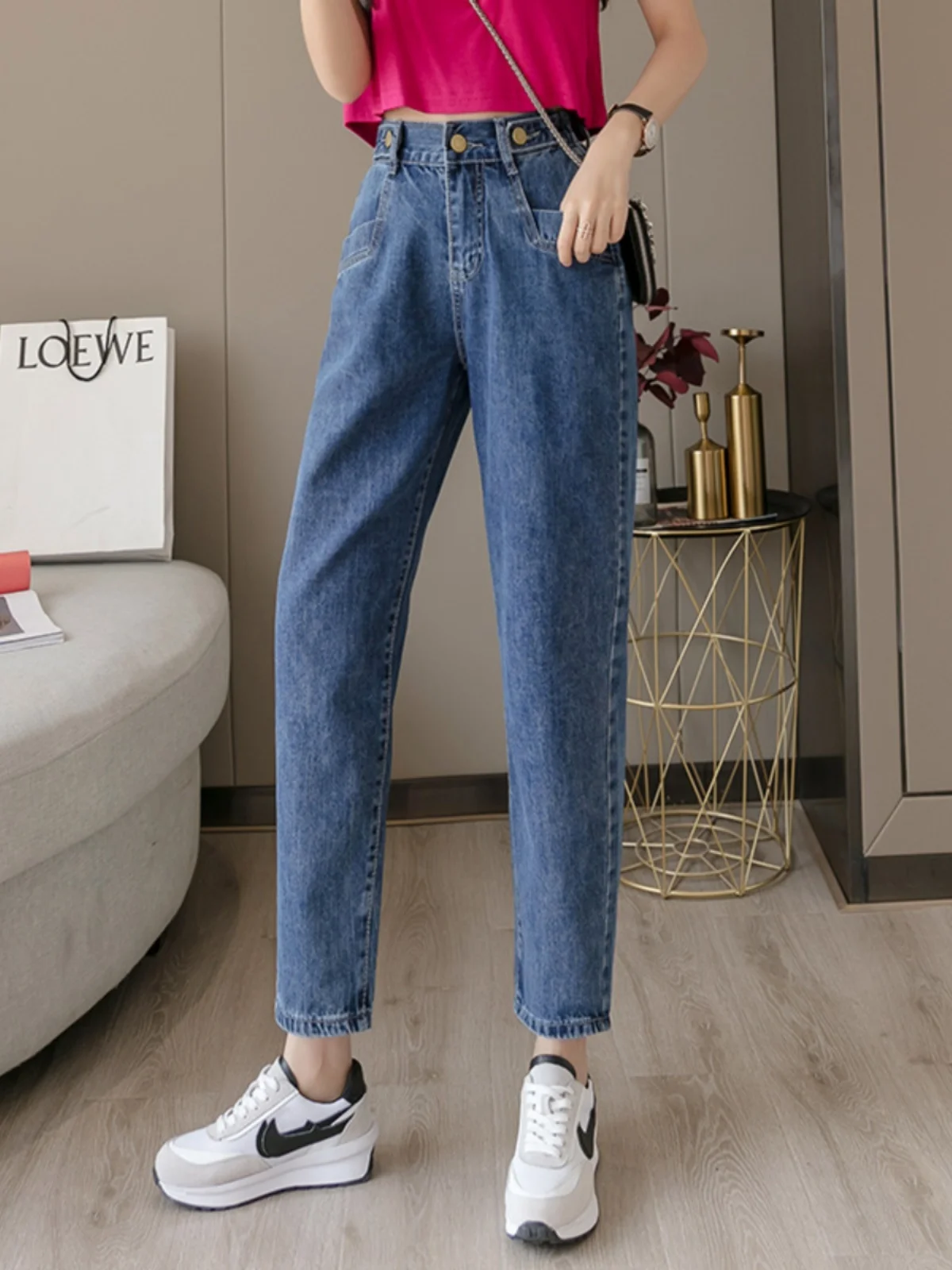 Slim Fit Cintura Alta Harlan Azul Denim Jeans Feminino Primavera Faion Dezoito Orbs Elástico Cintura Pequena Estatura Amigável